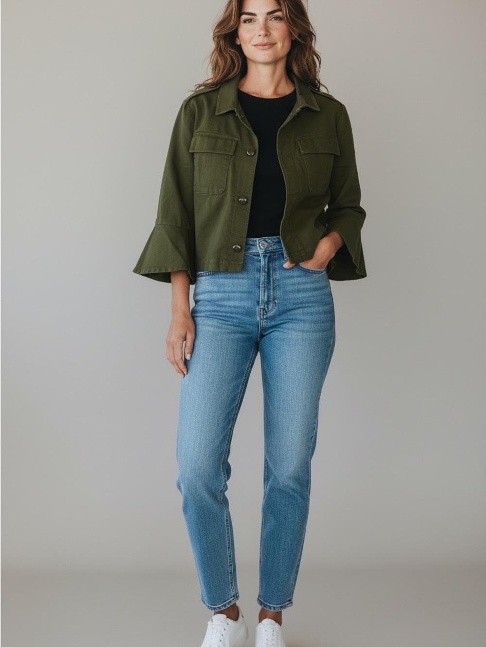Rachel Roy Olive Green Bell Sleeve Utility Jacket Sz. 14